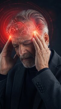 Man suffering from severe headache or migraine. Senior male touching temple while glowing red neural network graphic pulsates above head. Medical problem and stress or fatigue concept.