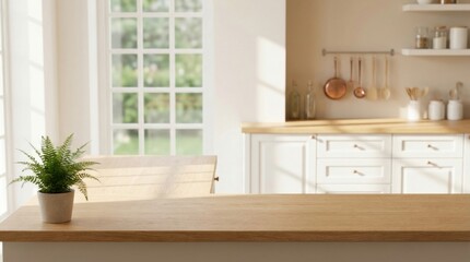Fototapeta premium Bright kitchen interior with wooden countertop and potted plant near window.