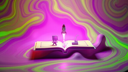Obraz premium Open book features rocket launch. Colorful swirling background creates vibrant, surreal scene. Imagination takes flight.