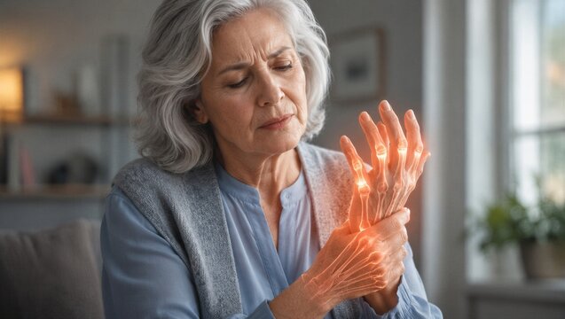 Senior woman feeling pain in hand with glowing anatomy overlay. Arthritis and joint inflammation concept. Medical visualization of injury for rheumatology diagnosis and health checkup.