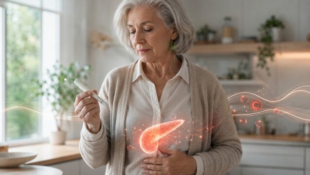Mature woman checking blood glucose level with home glucometer. Digital visualization of human pancreas and insulin process. Diabetes health management and medical monitoring concept.