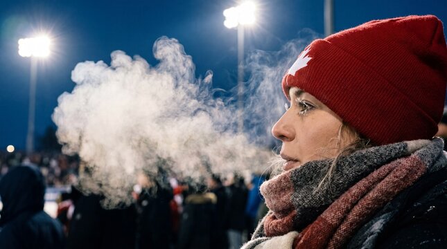 Woman in maple leaf hat exhaling dense frost vapor at cold stadium