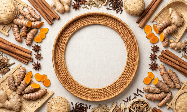 Ultra realistic flat lay mockup background inspired by Indonesian jamu traditions