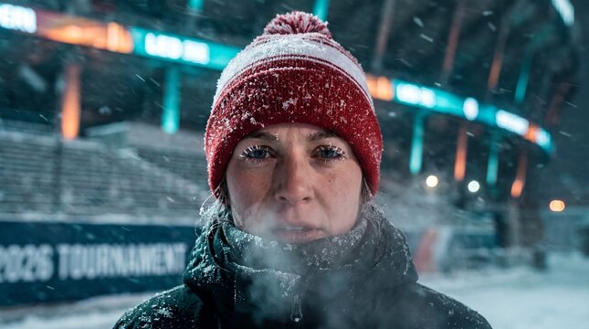 Fan with frozen breath and frosty eyelashes at winter stadium