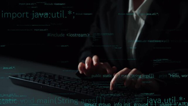 A close-up view of hands typing on a keyboard with coding text overlay, illustrating programming concepts and the essence of digital innovation in a dark environment. Xenic