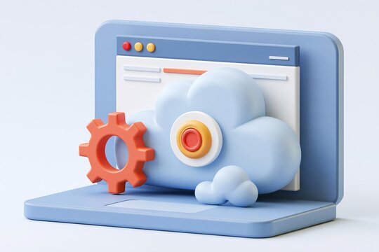 Web development vacancy, IT specialist job, cloud architect career 3D color icon. IT technology specialist, network app development 3D vector symbol with laptop, browser window and cloud
