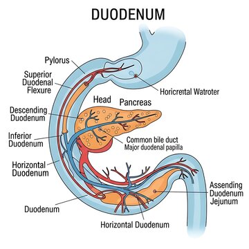 Detailed anatomical diagram of the human duodenum and pancreas.