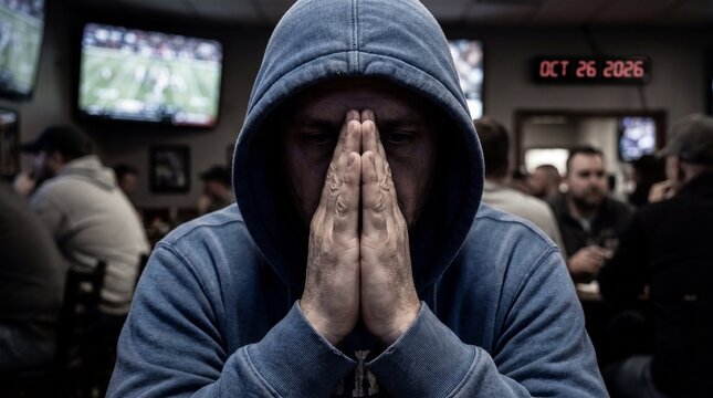 Man in hoodie praying in dimly lit sports bar