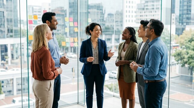 Middle aged female speaker presenting ideas to diverse multiethnic business team next to sticky notes agile workflow presentation project scrum master management in modern tech startup office