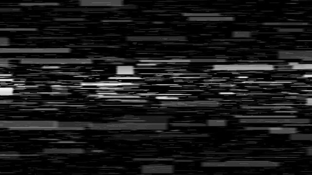 Looped abstract animation with white rectangles and horizontal lines moving in opposite directions across black background. Smooth seamless motion resembles night traffic streams, data transmission