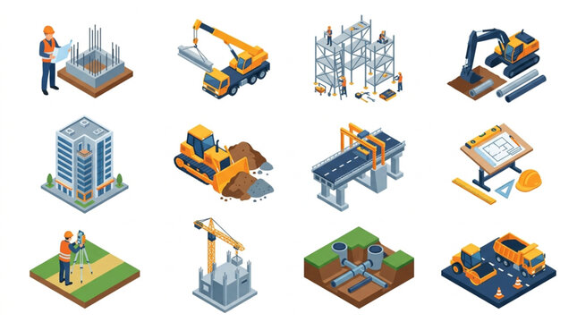 Isometric Construction Industry Equipment and Buildings.