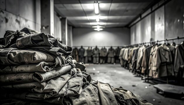 Pile of Tattered Military Uniforms Bearing Battle Marks in a Warehouse Setting