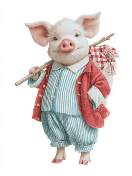 cute little pig character dressed in vintage clothes traveling with bindle stick cute anthropomorphic piglet in red jacket and striped pants fairytale illustration isolated on white background