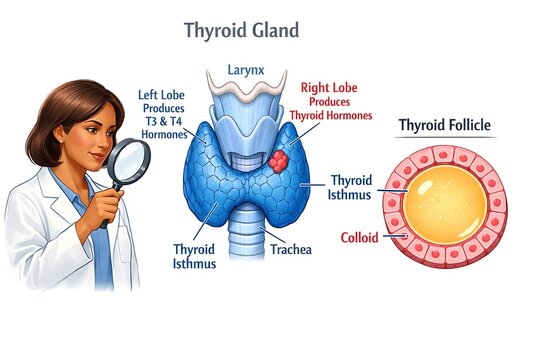Diagram of the thyroid gland and its anatomy with a medical professional