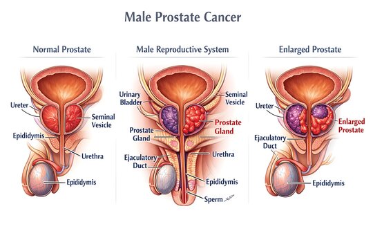 Medical illustration of male prostate cancer stages showing normal prostate