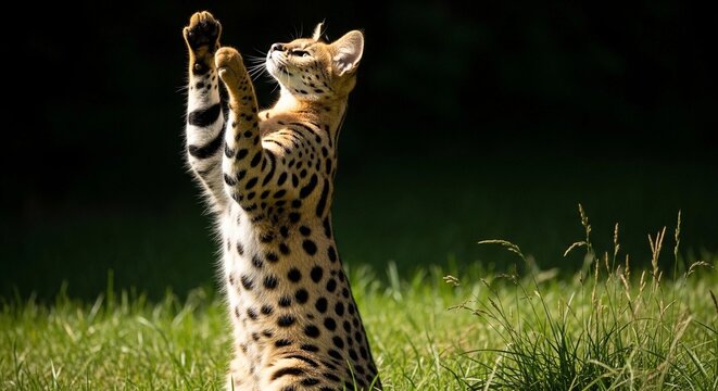 Majestic serval cat stands upright on its hind legs while reaching upward with soft paws in a vibrant grassy field under natural bright golden sunlight