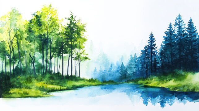 Serene watercolor painting depicting tranquil forest scene with lush green trees and calm blue lake reflecting surrounding nature