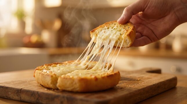 Hand holding melted cheese garlic bread slice above wooden cutting board.