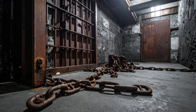 Rusted and broken heavy chains lying on the floor of a dark, grimy prison cell