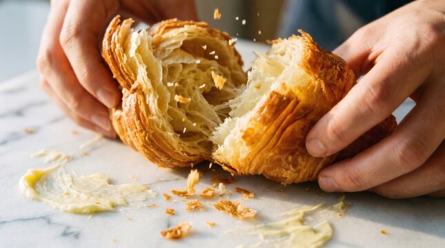 Hands breaking flaky buttery croissant apart.