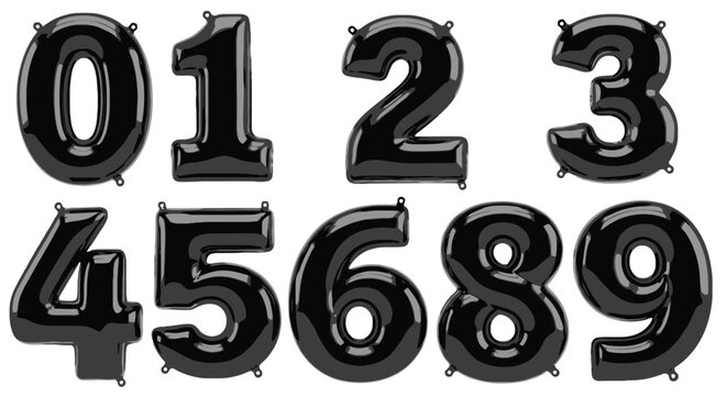 Black balloon numbers, shiny digits, inflated numerals, 3D numeric set isolated on White Background Editable EPS