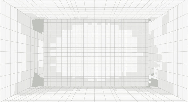 Geometric grid background, white wireframe pattern, 3D room layout, architectural template isolated on White Background Editable EPS