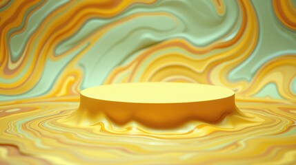 Obraz premium Yellow pedestal rises from swirling fluid patterns. Background features marbled textures, warm tones dominate composition. Minimalist stage design.