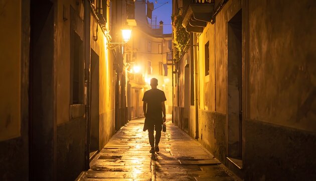 Man walking down a narrow alleyway.