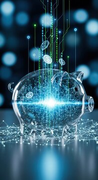 Digital piggy bank with binary data and virtual currency coins.