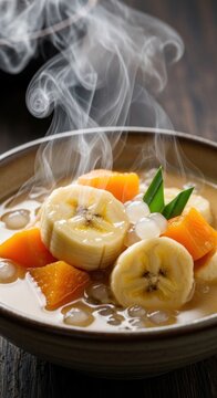 Indonesian Kolak Pisang Sweet Banana Compote with Steam.