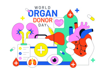 Fototapeta premium World Organ Donor Day Vector Illustration Featuring Organ Donation Awareness, Heart and Lung Transplant Support, Healthcare, and Life Saving Campaign