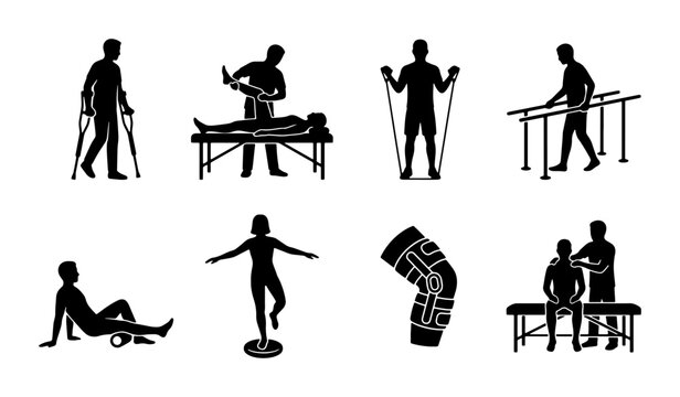 Physical Therapy Icons Set, Rehabilitation Exercises, Medical Treatment, Patient Care, Recovery