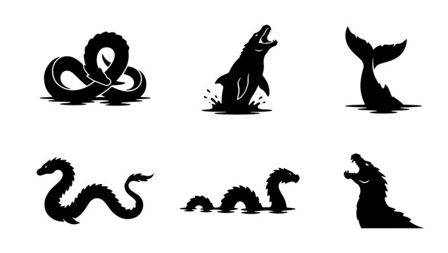 Mythical Sea Creatures Vector Icons, Nautical Legends Silhouette Collection, Folklore Beasts Aquatic Symbols