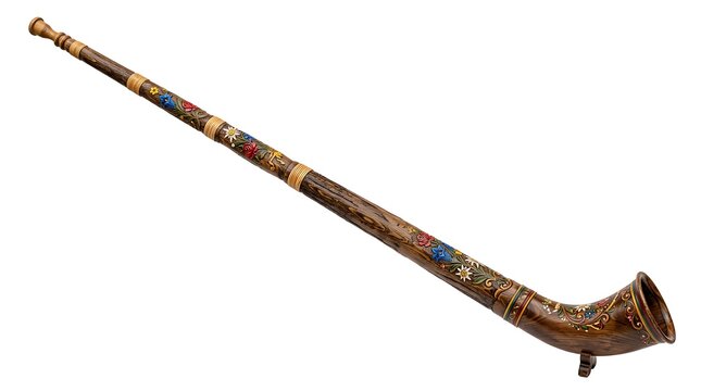 Traditional Swiss Alphorn with Floral Decoration Isolated on White