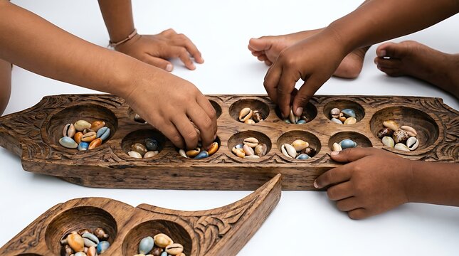 Children playing traditional Mancala game with cowrie shells