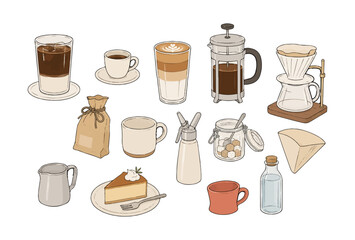 Obraz premium Minimal Line Art Cafe and Coffee Objects Clipart Set, Korean Indie Lifestyle Illustration Collection with Iced Coffee, Espresso Cup, Latte Glass, French Press, Pour Over, Coffee Bean Bag, Ceramic Mug