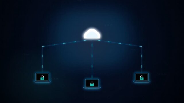 cloud security neon network with lock icons on blue screens over dark background