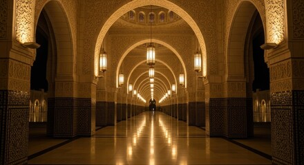 Obraz premium Grand Interior Hallway with Ornate Arches and Warm Lighting.