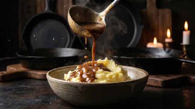 Savory gravy poured over mashed potatoes in rustic kitchen with candles.
