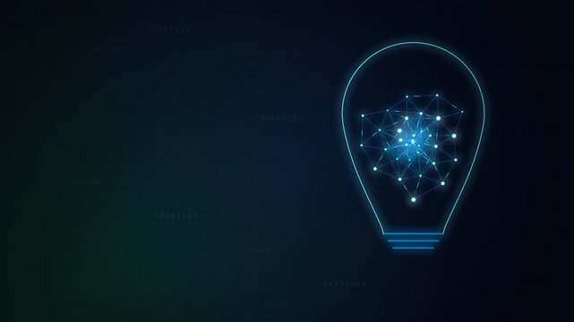 light bulb with digital network nodes, glowing blue idea concept animation