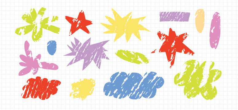 Colorful Crayon abstract shapes set on grid paper. Rough stars, oval marks, rectangles, paint smears, grunge texture, playful doodle clip art. Flat vector illustration