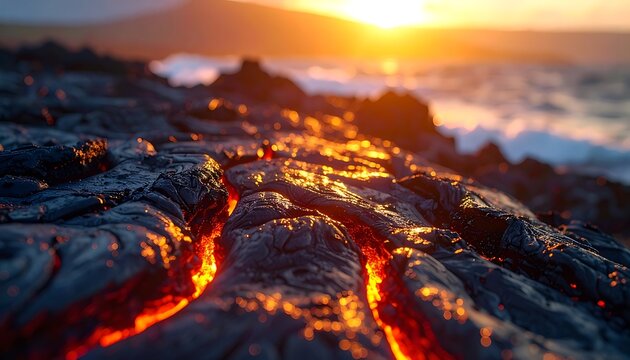 Molten lava on rocky beach sunset.