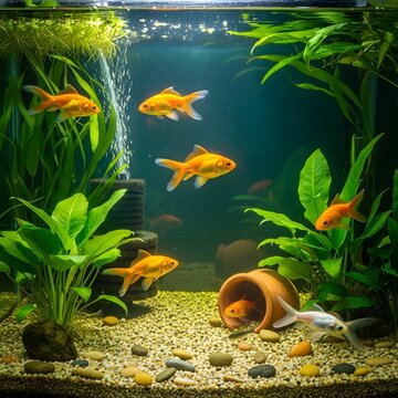 Group of vibrant goldfish swimming in a lushly planted freshwater aquarium tank