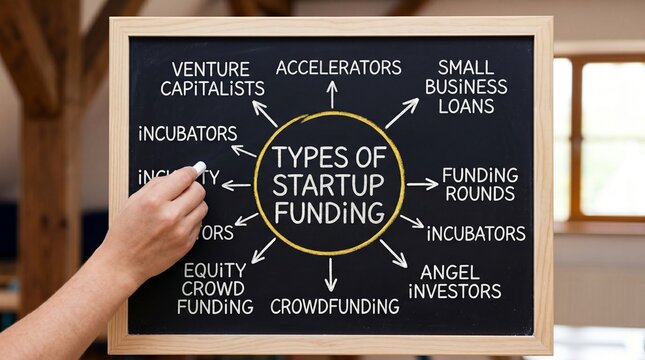 Startup funding types, business finance options, venture capital, small business loans, chalkboard