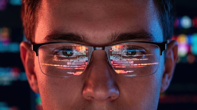 Close up of a man in glasses with data reflections on the lenses, symbolizing technology and programming.