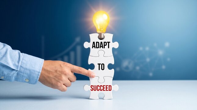 Business concept, puzzle pieces with Adapt, To, Succeed text, hand pointing, lightbulb moment, motivation, success strategy