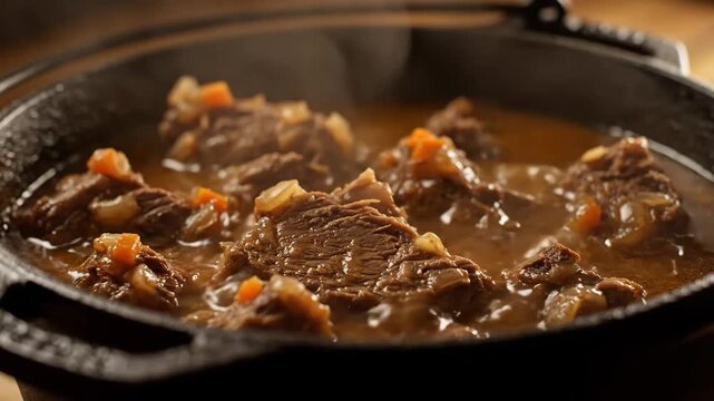Rich beef stew or braised meat simmering in a rustic cast iron pot, featuring tender meat chunks, carrots, and onions in savory gravy with rising steam.