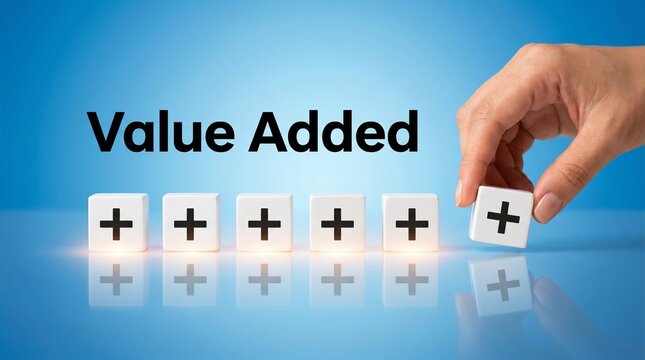 Business growth concept, value added services, plus signs on blocks, increase profit