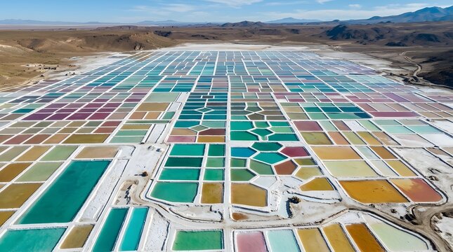 Aerial view of colorful salt evaporation ponds in a desert landscape.
