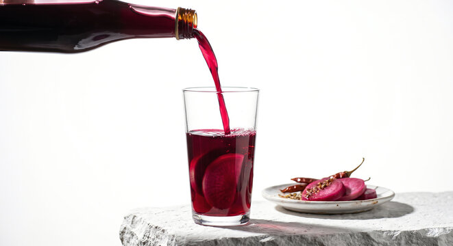 Salgam Turnip Juice Being Poured into Glass with Pickled Turnip and Dried Chili